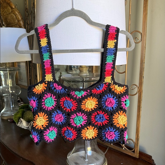 FARM Rio Tops - FARM Rio Black Crocheted Tank with Bright Multicolor Floral Motifs